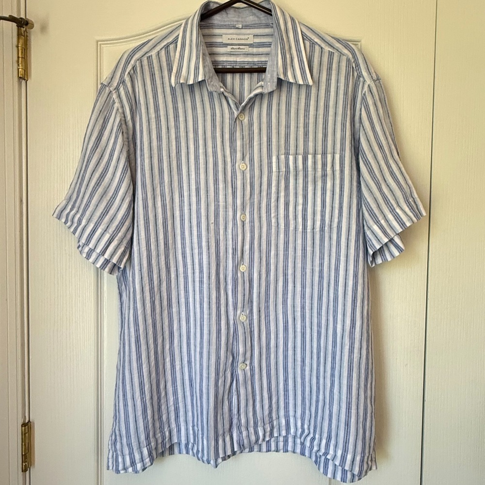 Alex Cannon Mens Size Large 100% Linen Blue & White striped Short Sleeve Shirt